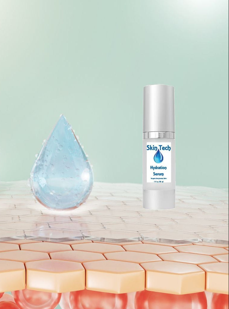 SkinTech HA Hydration Serum 30ml Bottle image with water droplet and skin absorption background