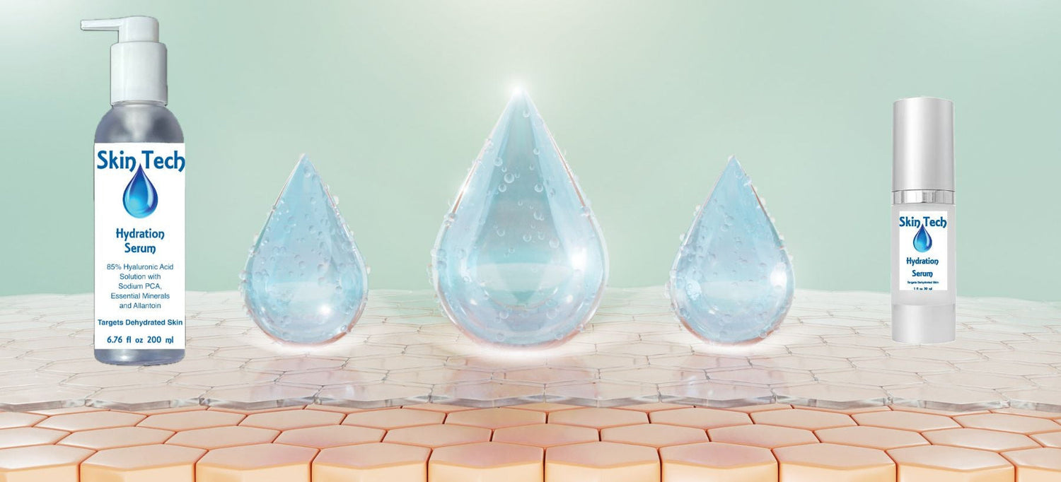 Two bottles of Skin Tech products on a skin surface graphic with water droplets.
