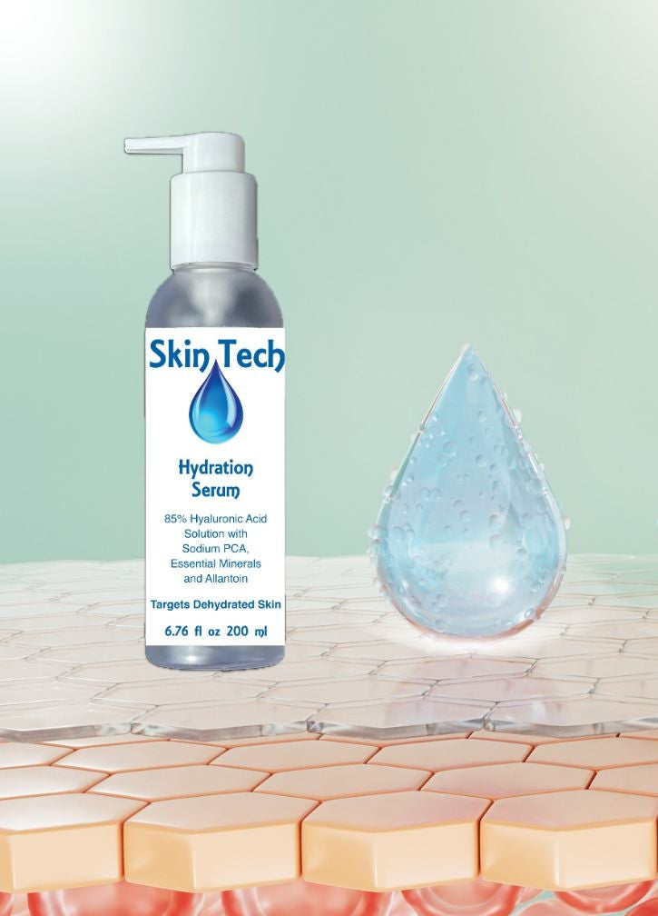 SkinTech HA Hydration Serum 200ml Bottle image with water droplet and skin absorption background
